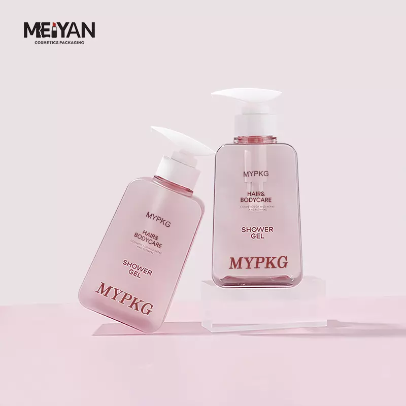 MYPACK pink square luxury cosmetic packaging 450ml 750ml transparent square soap dispenser shower lotion bottle with pump