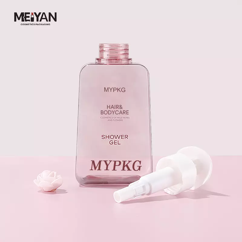 MYPACK pink square luxury cosmetic packaging 450ml 750ml transparent square soap dispenser shower lotion bottle with pump