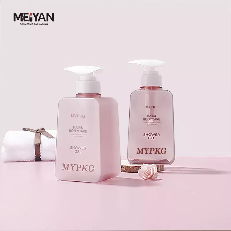 MYPACK pink square luxury cosmetic packaging 450ml 750ml transparent square soap dispenser shower lotion bottle with pump