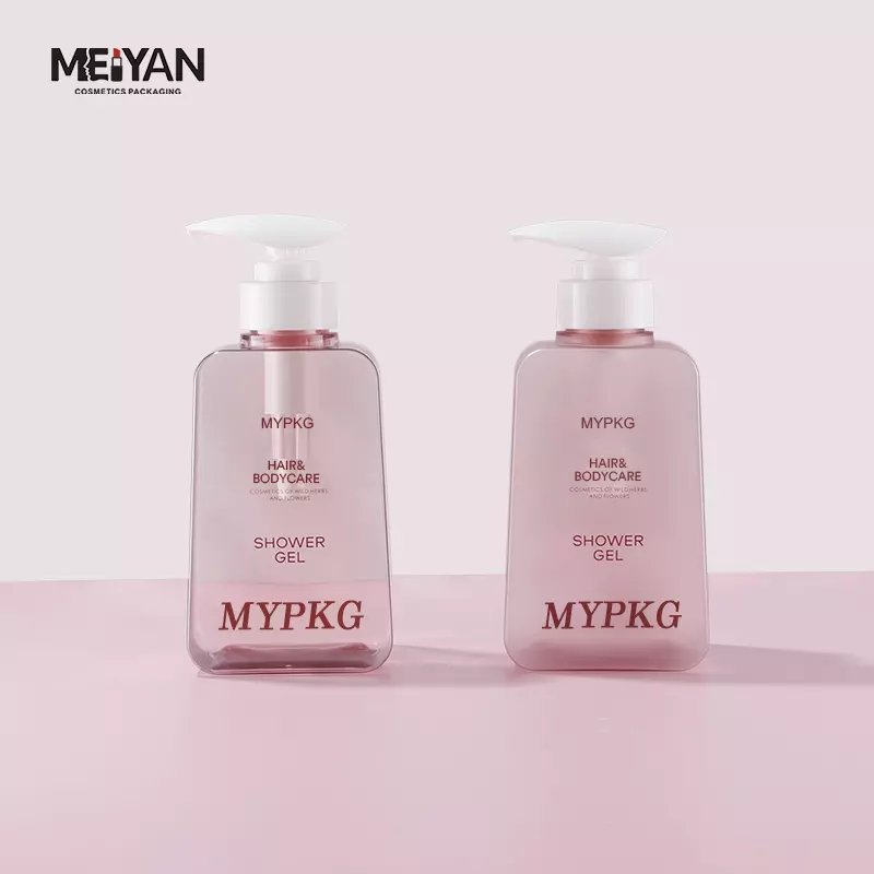 MYPACK pink square luxury cosmetic packaging 450ml 750ml transparent square soap dispenser shower lotion bottle with pump