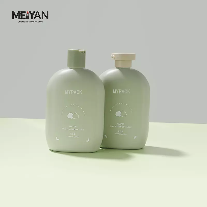 MYPACK HDPE matte green 350ml body wash packaging oval squeeze bottles plastic empty shampoo bottles with flip top cap