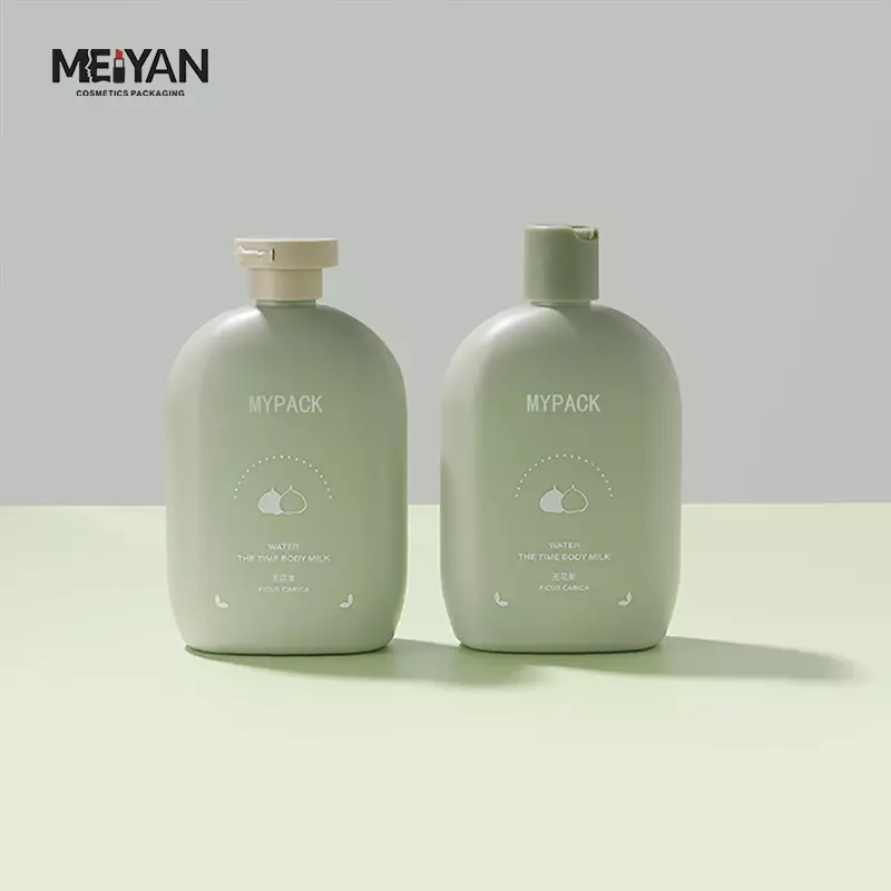 MYPACK HDPE matte green 350ml body wash packaging oval squeeze bottles plastic empty shampoo bottles with flip top cap