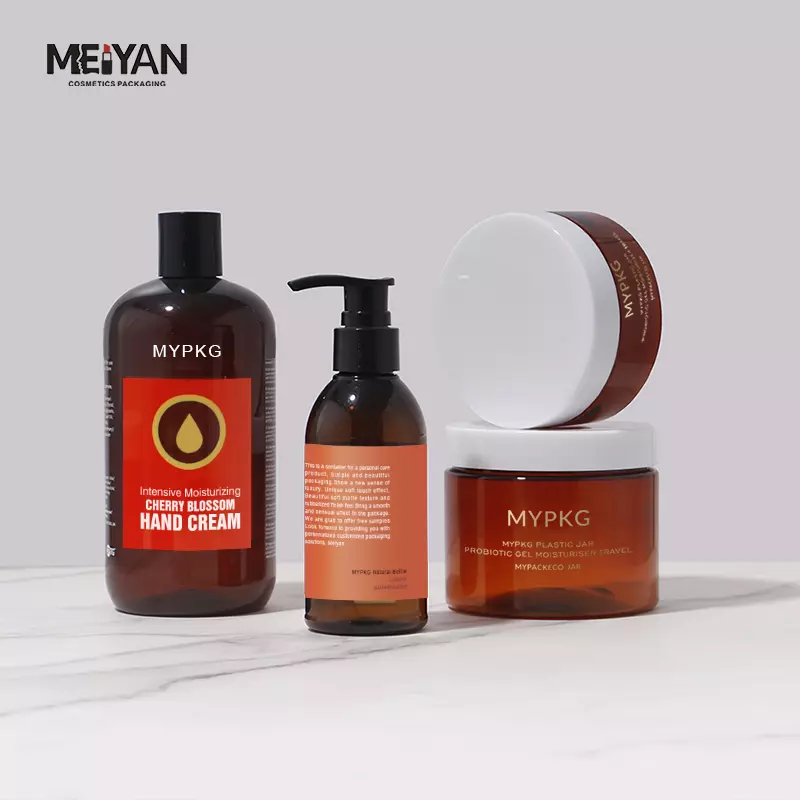 MYPACK customized round shape 100ml 250ml 300ml plastic pet amber cosmetic lotion bottle with pump