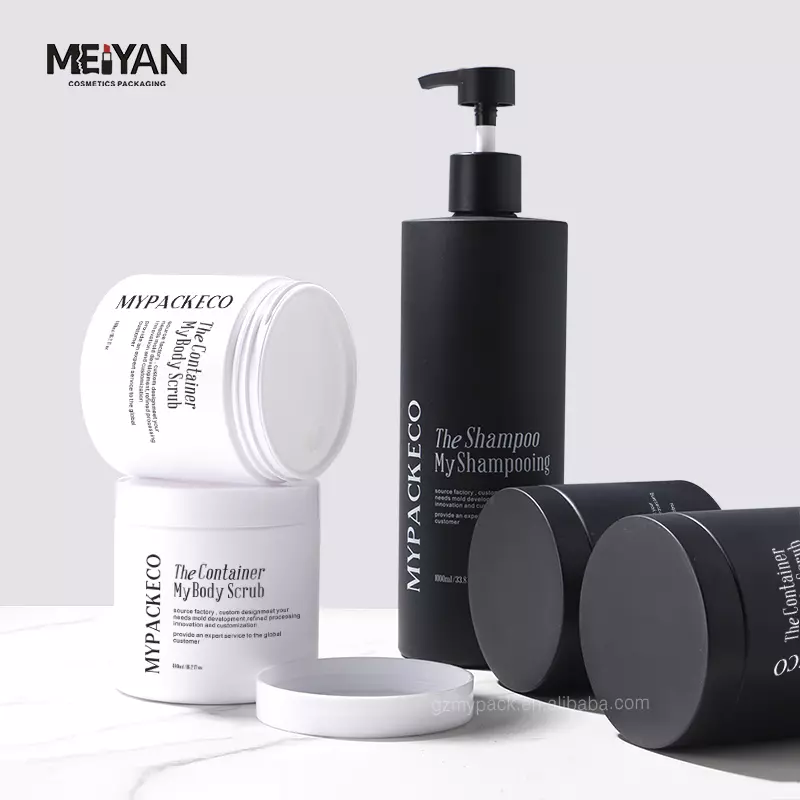 MYPACK luxury black soft touch round 1l hdpe plastic bottle hair care packaging bottle and jars set