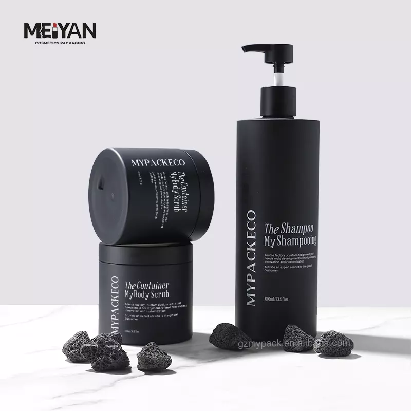 MYPACK luxury black soft touch round 1l hdpe plastic bottle hair care packaging bottle and jars set