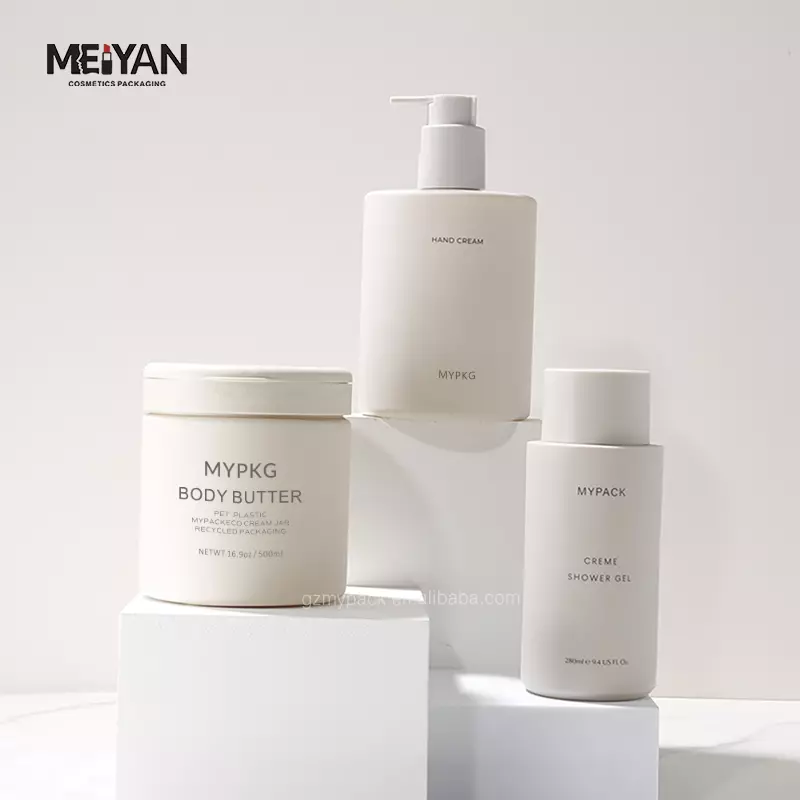 MYPACK luxury soft touch beige 280ml 500ml round cosmetic empty plastic shampoo conditioner bottle jar set