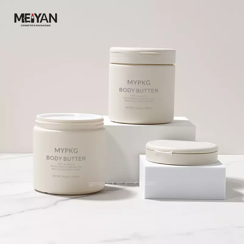 MYPACK customized hdpe soft touch beige 500ml round shape plastic skincare face cream jar with flip top cap