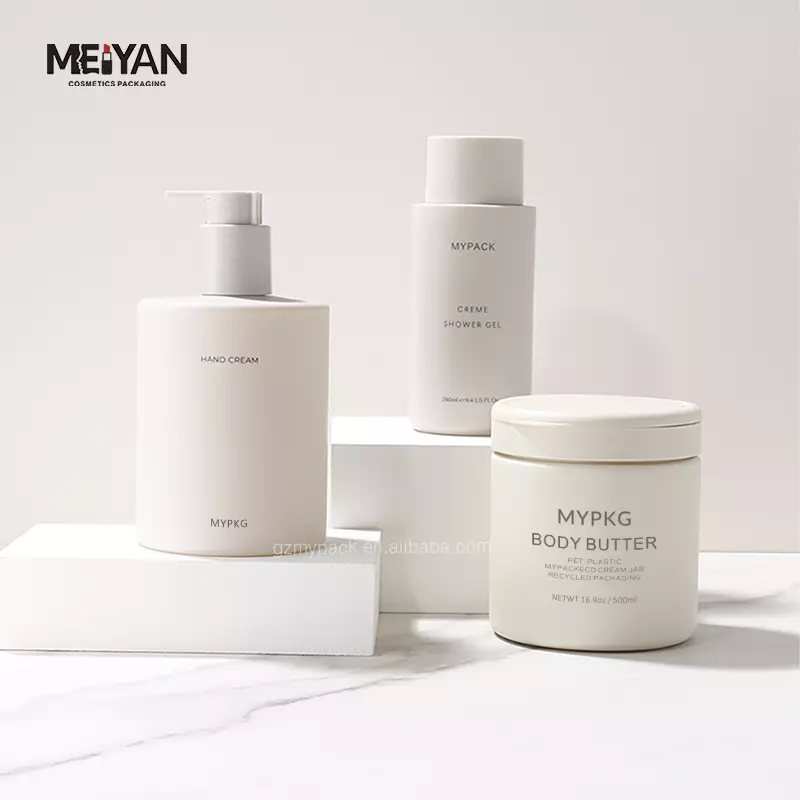 MYPACK luxury soft touch beige 280ml 500ml round cosmetic empty plastic shampoo conditioner bottle jar set