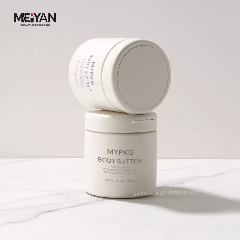 MYPACK customized hdpe soft touch beige 500ml round shape plastic skincare face cream jar with flip top cap