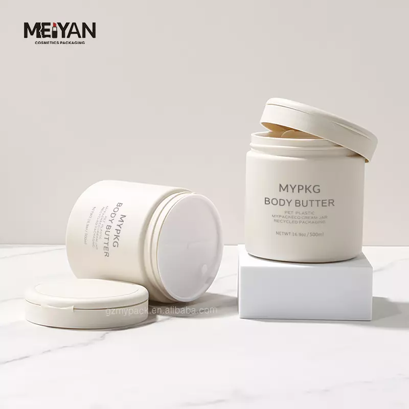 MYPACK customized hdpe soft touch beige 500ml round shape plastic skincare face cream jar with flip top cap