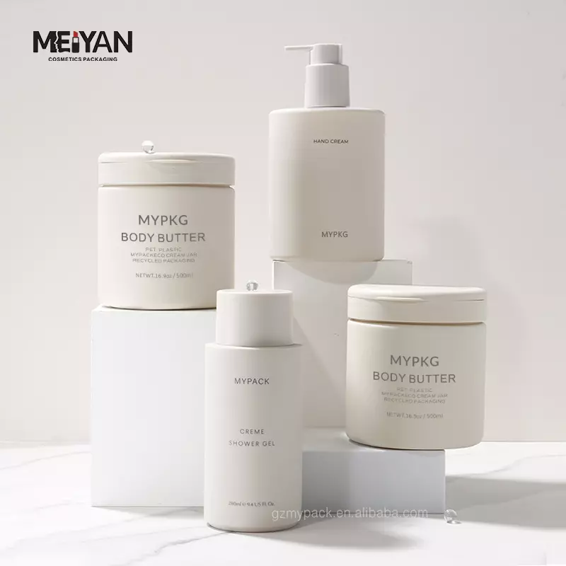 MYPACK luxury soft touch beige 280ml 500ml round cosmetic empty plastic shampoo conditioner bottle jar set