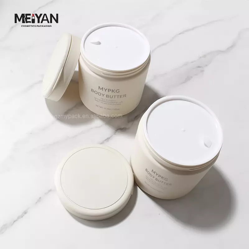 MYPACK customized hdpe soft touch beige 500ml round shape plastic skincare face cream jar with flip top cap