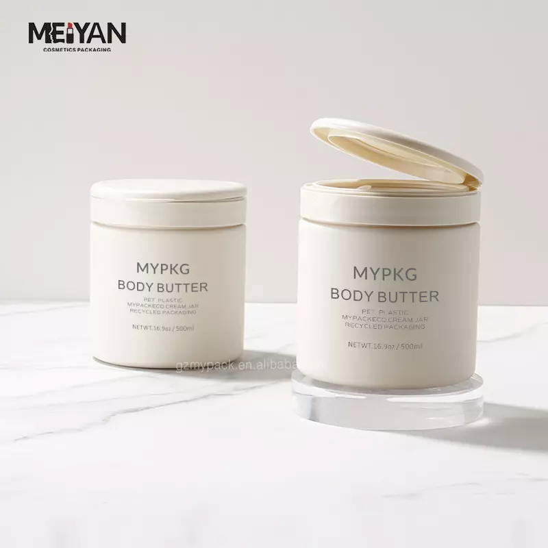 MYPACK customized hdpe soft touch beige 500ml round shape plastic skincare face cream jar with flip top cap