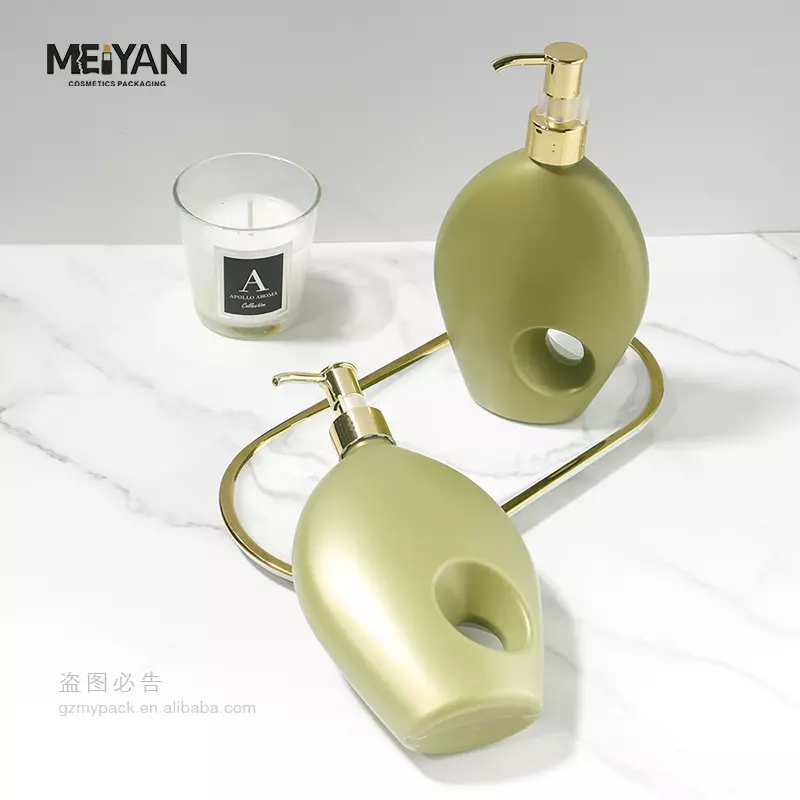 MYPACK empty green flat shape plastic 300ml new 2023 unique shampoo and conditioner body lotion bottles with gold pump