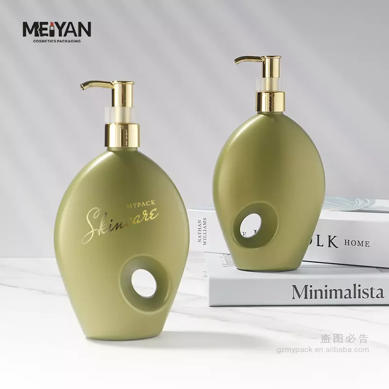 MYPACK empty green flat shape plastic 300ml new 2023 unique shampoo and conditioner body lotion bottles with gold pump