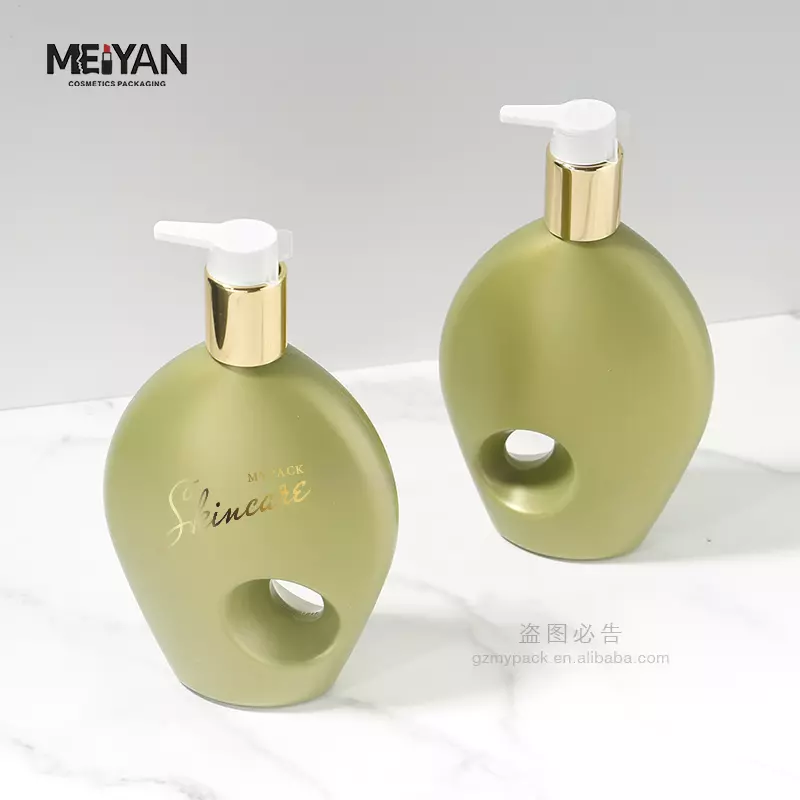 MYPACK empty green flat shape plastic 300ml new 2023 unique shampoo and conditioner body lotion bottles with gold pump