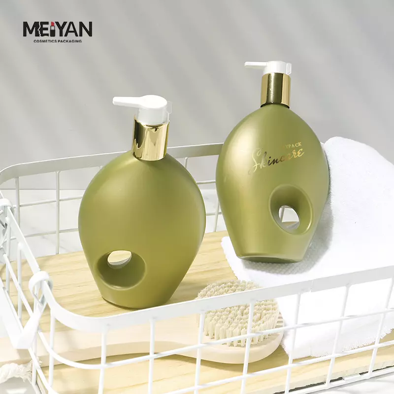 MYPACK empty green flat shape plastic 300ml new 2023 unique shampoo and conditioner body lotion bottles with gold pump