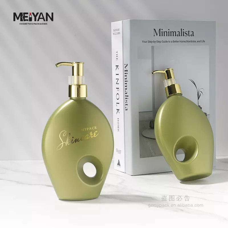 MYPACK empty green flat shape plastic 300ml new 2023 unique shampoo and conditioner body lotion bottles with gold pump