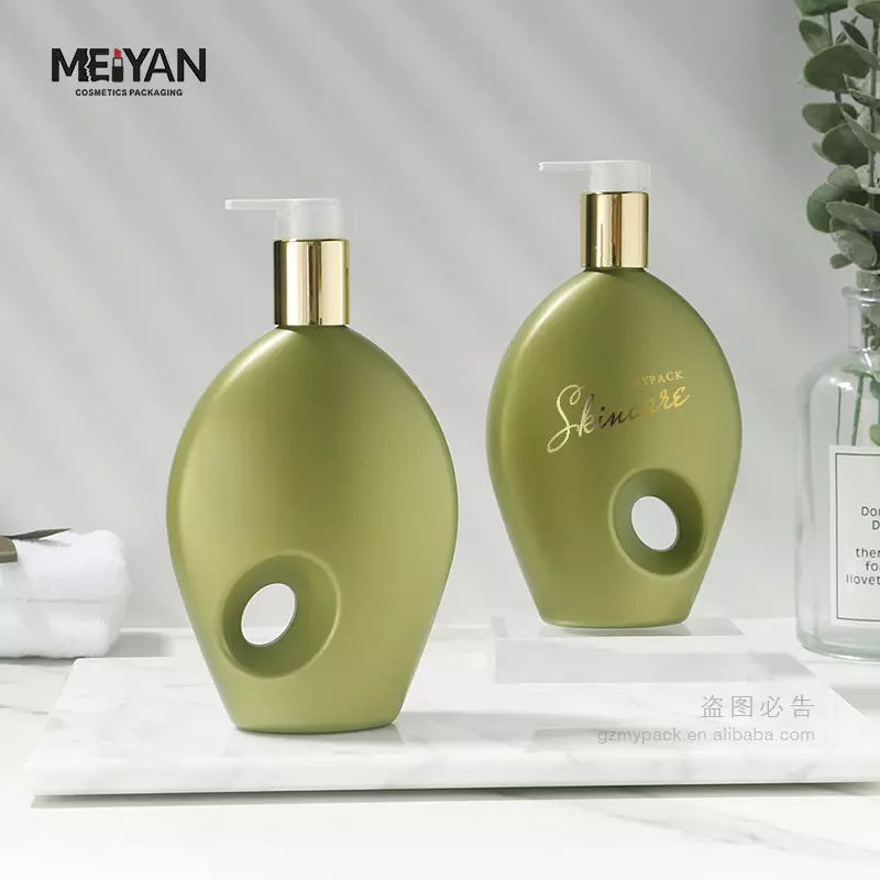 MYPACK empty green flat shape plastic 300ml new 2023 unique shampoo and conditioner body lotion bottles with gold pump