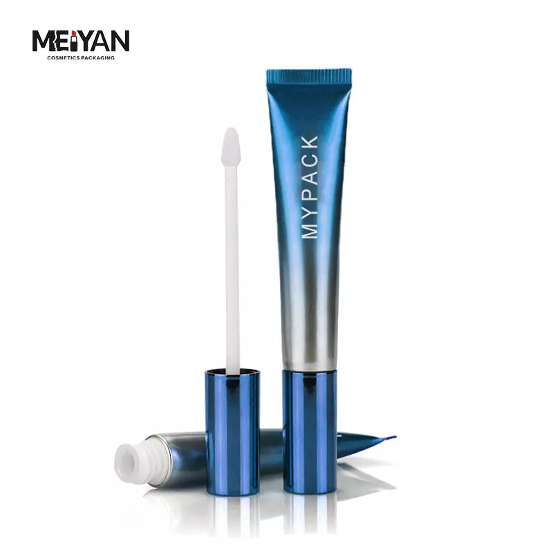 MYPACK luxury plastic golden blue gradient square flat lipstick and makeup lip glaze aluminum tube with long rod cotton brush