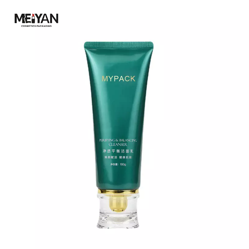 MYPACK custom face wash hand care soft cosmetic squeeze plastic luxury green tube and clear acrylic cap with gold mouth