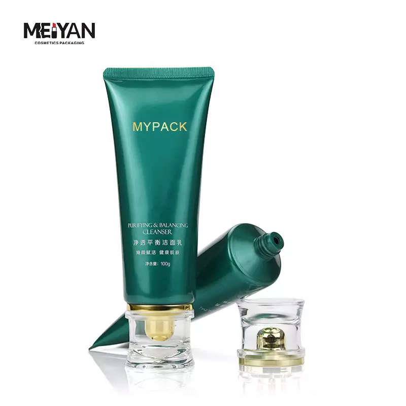 MYPACK custom face wash hand care soft cosmetic squeeze plastic luxury green tube and clear acrylic cap with gold mouth