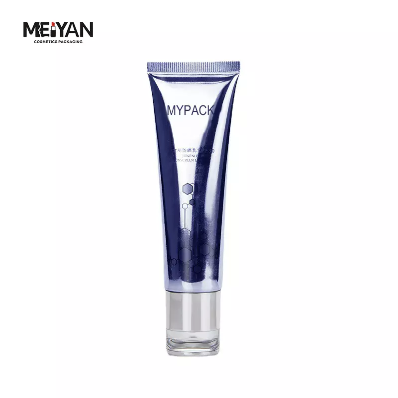 MYPACK luxury silver highlighted mirror surface cream soft travel packaging aluminum plastic tube with acrylic double wall cap