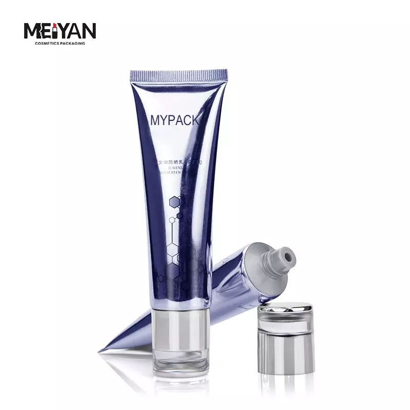 MYPACK luxury silver highlighted mirror surface cream soft travel packaging aluminum plastic tube with acrylic double wall cap