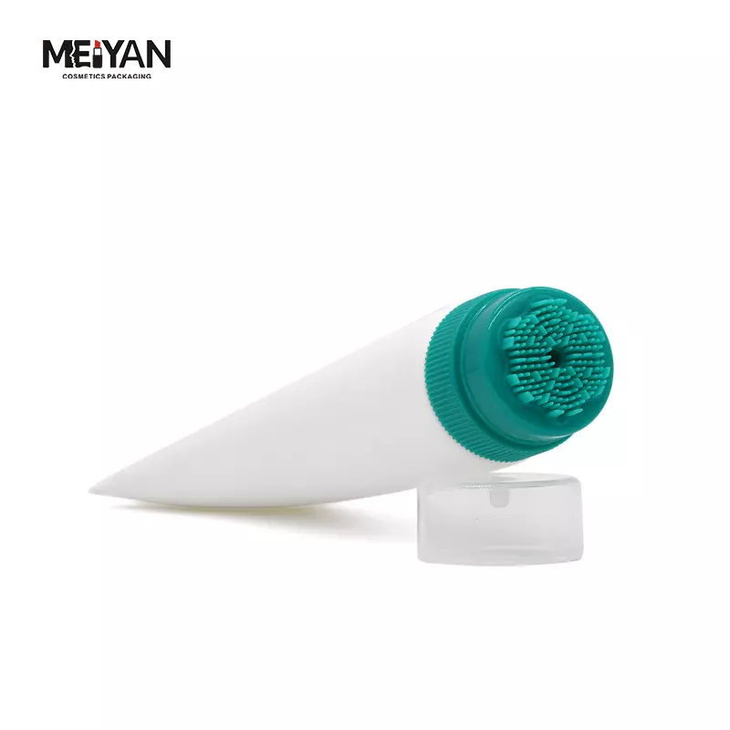 MYPACK fashion PE empty cosmetics massage face cleanser white soft tube with silicone bristle brush green head