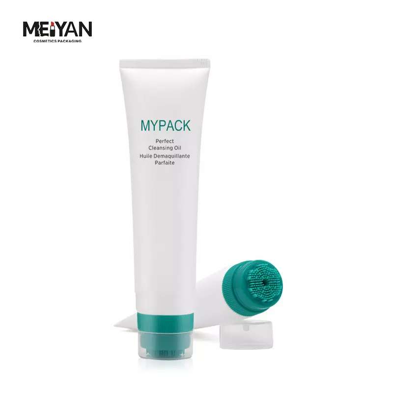 MYPACK fashion PE empty cosmetics massage face cleanser white soft tube with silicone bristle brush green head