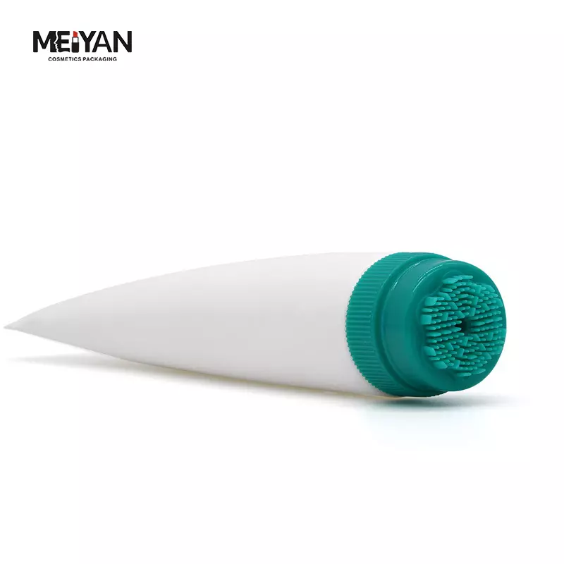 MYPACK fashion PE empty cosmetics massage face cleanser white soft tube with silicone bristle brush green head