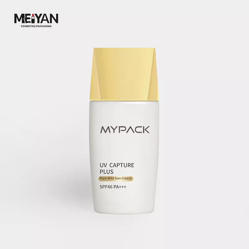 MYPACK luxury wholesale empty 50ml oval uv camera sunscreen 50 ml plastic white bottle with nozzle gold twist cap