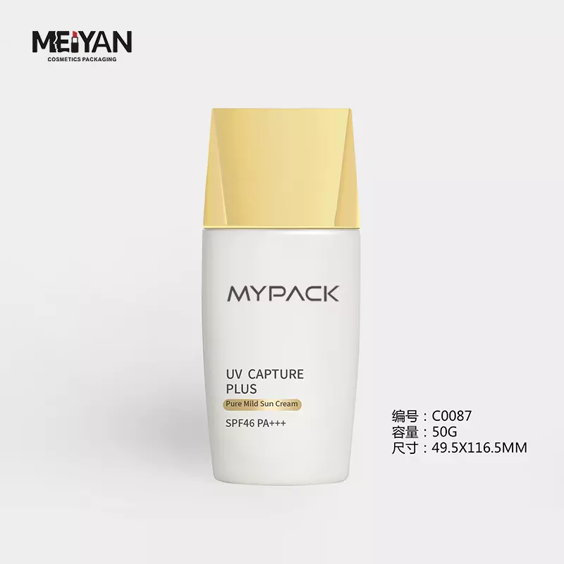 MYPACK luxury wholesale empty 50ml oval uv camera sunscreen 50 ml plastic white bottle with nozzle gold twist cap