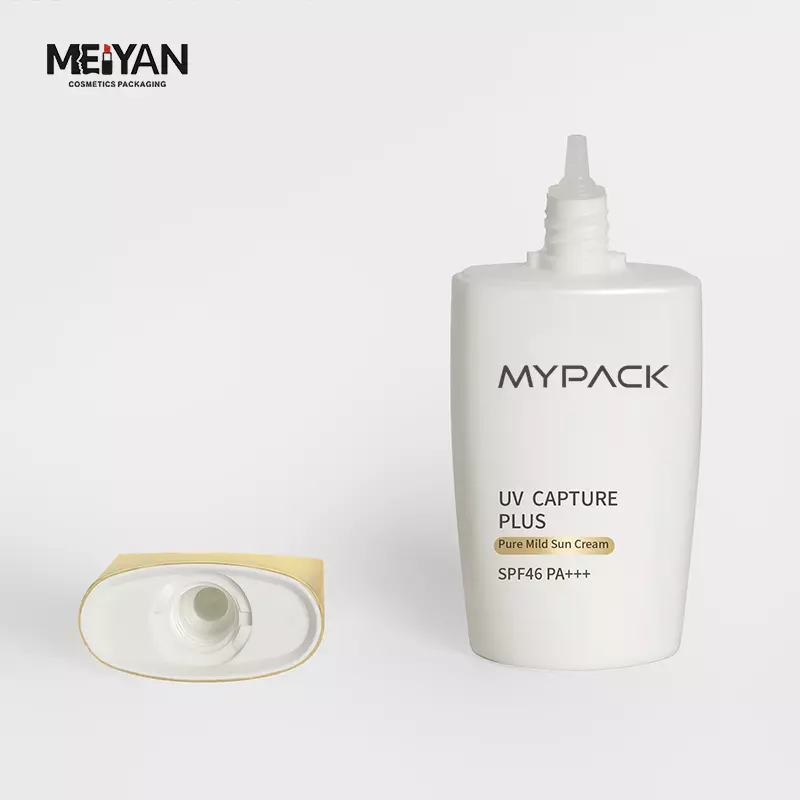 MYPACK luxury wholesale empty 50ml oval uv camera sunscreen 50 ml plastic white bottle with nozzle gold twist cap