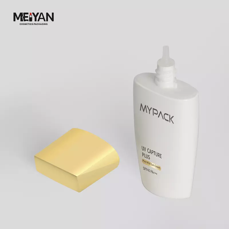 MYPACK luxury wholesale empty 50ml oval uv camera sunscreen 50 ml plastic white bottle with nozzle gold twist cap