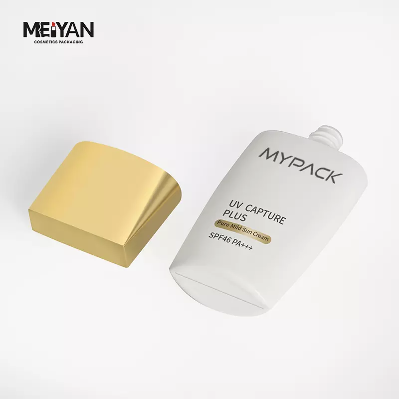 MYPACK luxury wholesale empty 50ml oval uv camera sunscreen 50 ml plastic white bottle with nozzle gold twist cap