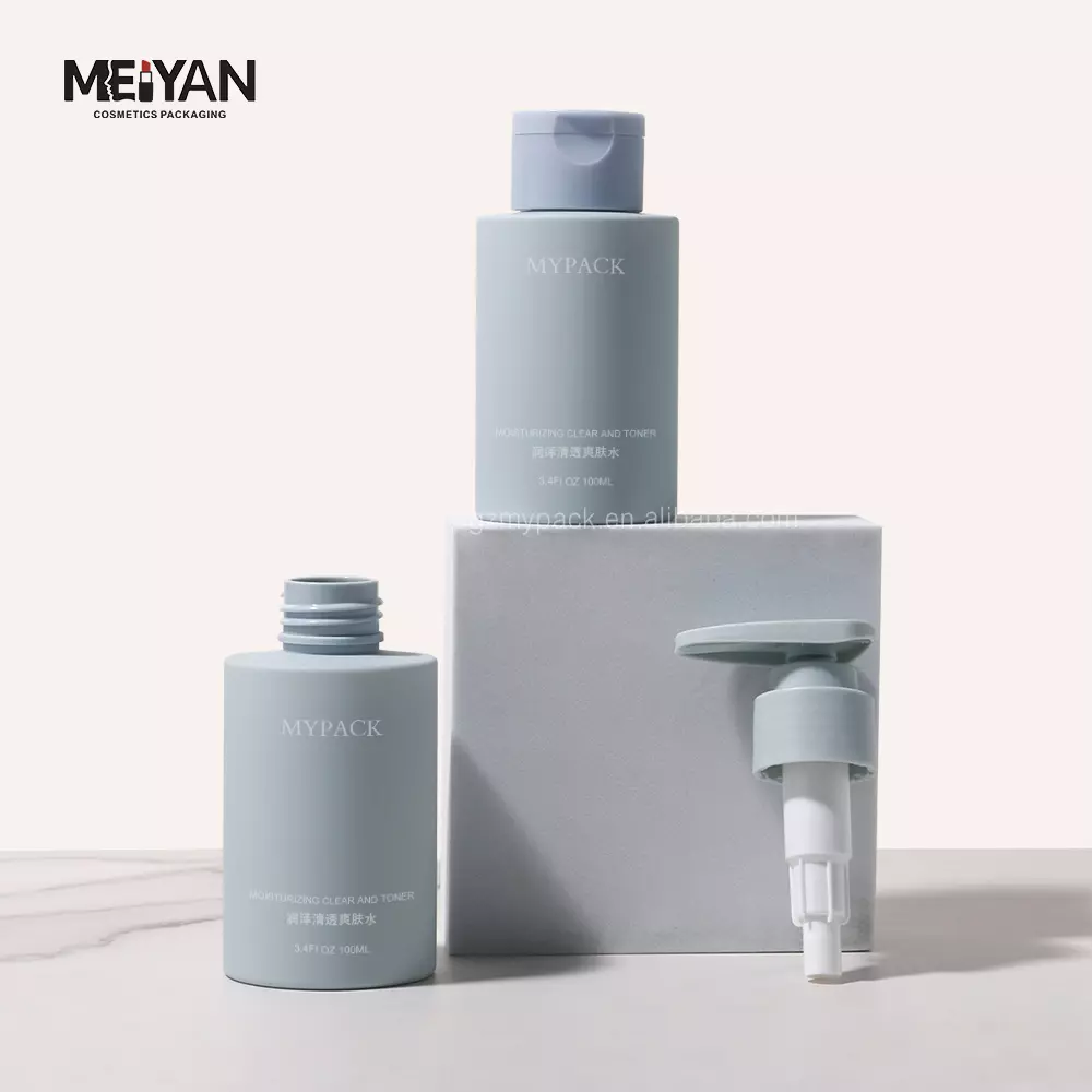 MYPACK recycled blue 100ml soft touch pet round empty packaging cosmetic body lotion serum skincare plastic bottles wholesale