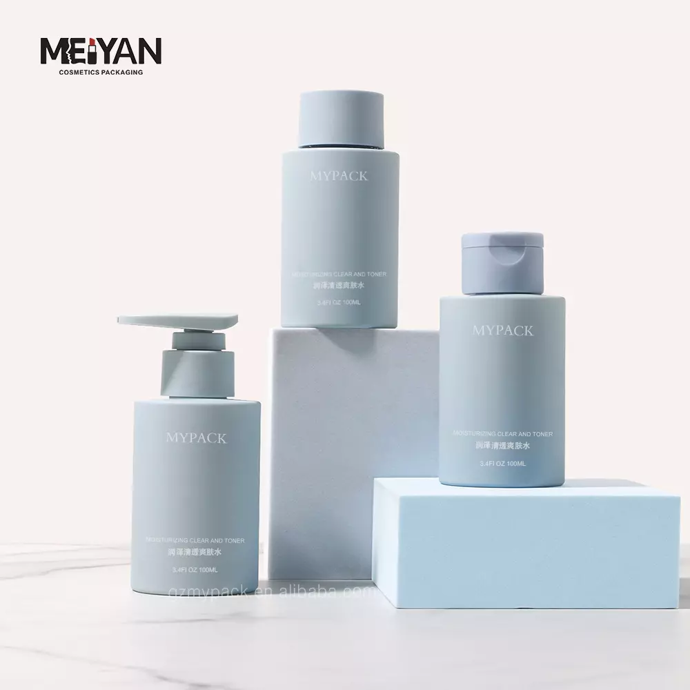 MYPACK recycled blue 100ml soft touch pet round empty packaging cosmetic body lotion serum skincare plastic bottles wholesale