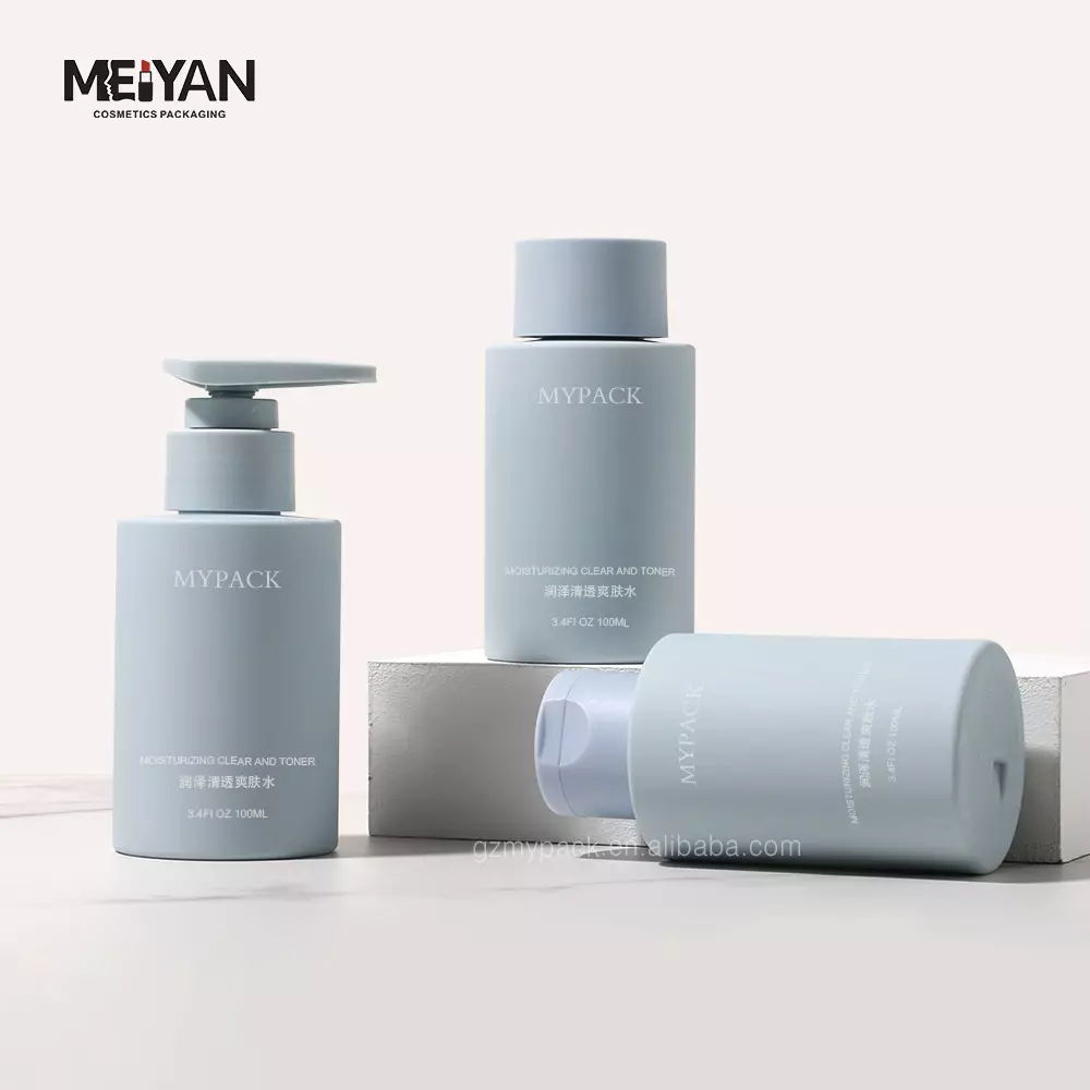 MYPACK recycled blue 100ml soft touch pet round empty packaging cosmetic body lotion serum skincare plastic bottles wholesale