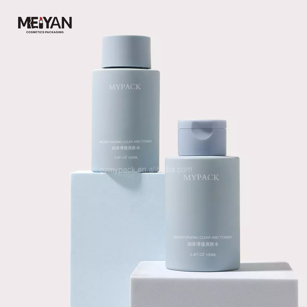 MYPACK recycled blue 100ml soft touch pet round empty packaging cosmetic body lotion serum skincare plastic bottles wholesale