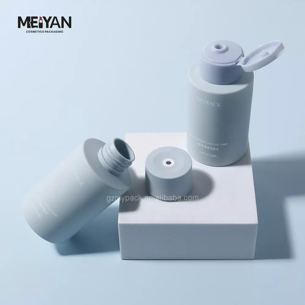 MYPACK recycled blue 100ml soft touch pet round empty packaging cosmetic body lotion serum skincare plastic bottles wholesale