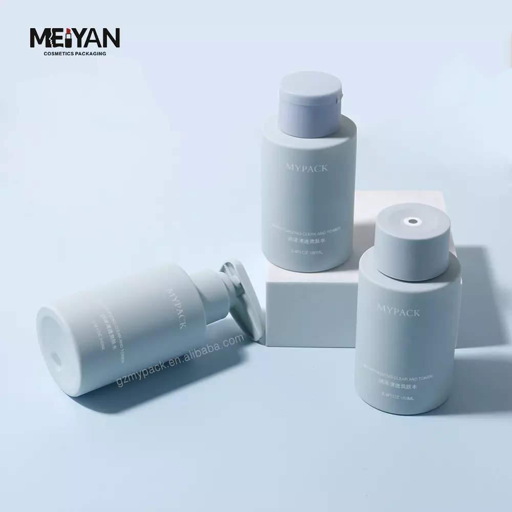 MYPACK recycled blue 100ml soft touch pet round empty packaging cosmetic body lotion serum skincare plastic bottles wholesale