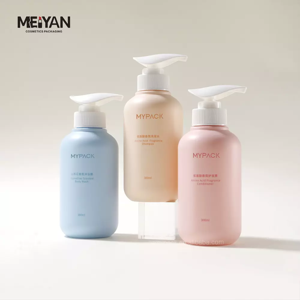 MYPACK high quality custom printed 300ml pet boston round matte plastic shampoo lotion bottle body pump packaging with logo