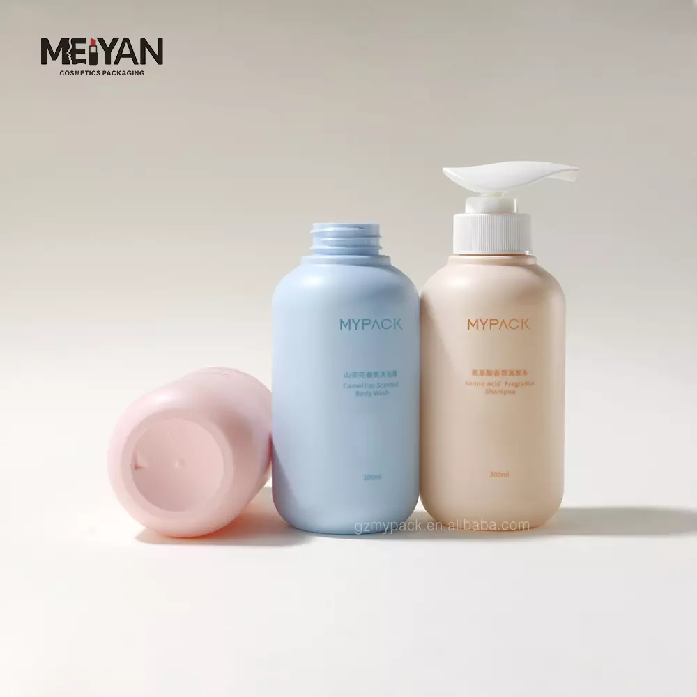 MYPACK high quality custom printed 300ml pet boston round matte plastic shampoo lotion bottle body pump packaging with logo