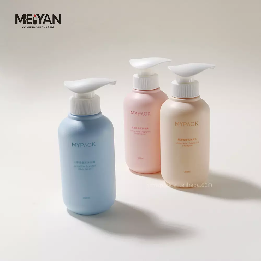 MYPACK high quality custom printed 300ml pet boston round matte plastic shampoo lotion bottle body pump packaging with logo