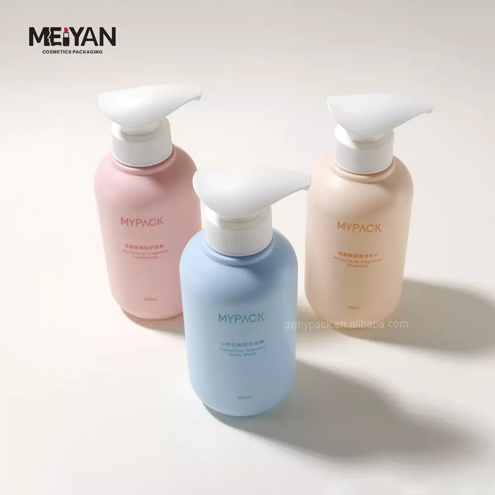 MYPACK high quality custom printed 300ml pet boston round matte plastic shampoo lotion bottle body pump packaging with logo