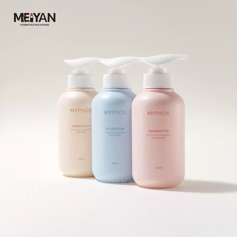 MYPACK high quality custom printed 300ml pet boston round matte plastic shampoo lotion bottle body pump packaging with logo