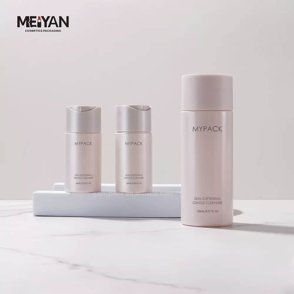 MYPACK custom print pet pearl pink cylinder squeeze cosmetic lotion plastic bottles with disc cap 60ml 120ml 150ml