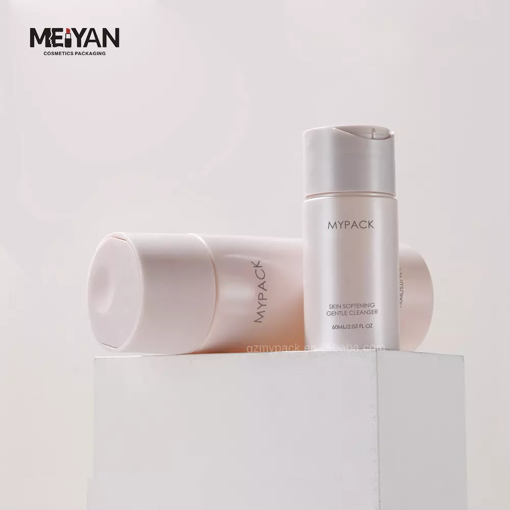 MYPACK custom print pet pearl pink cylinder squeeze cosmetic lotion plastic bottles with disc cap 60ml 120ml 150ml