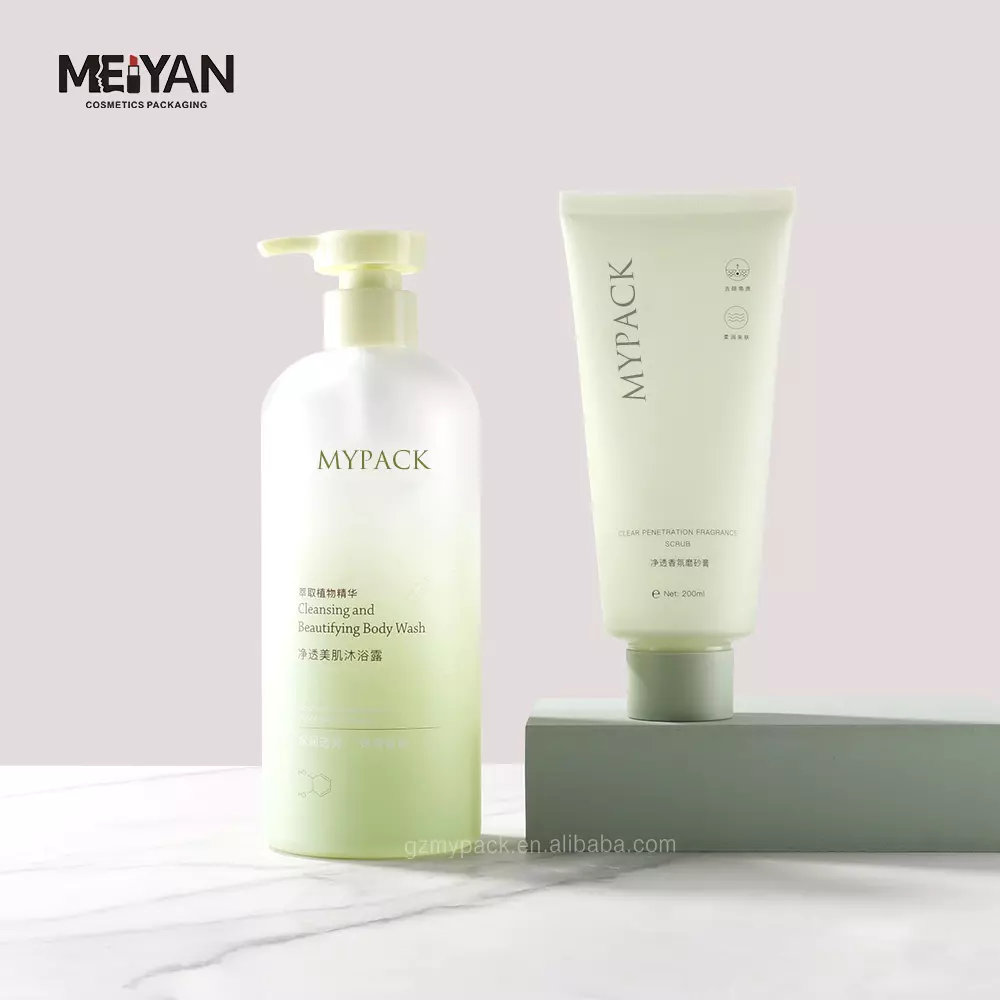 MYPACK luxury round pet gradient green translucence clear frosted liquid body wash bottle with lotion pump 400ml 500ml